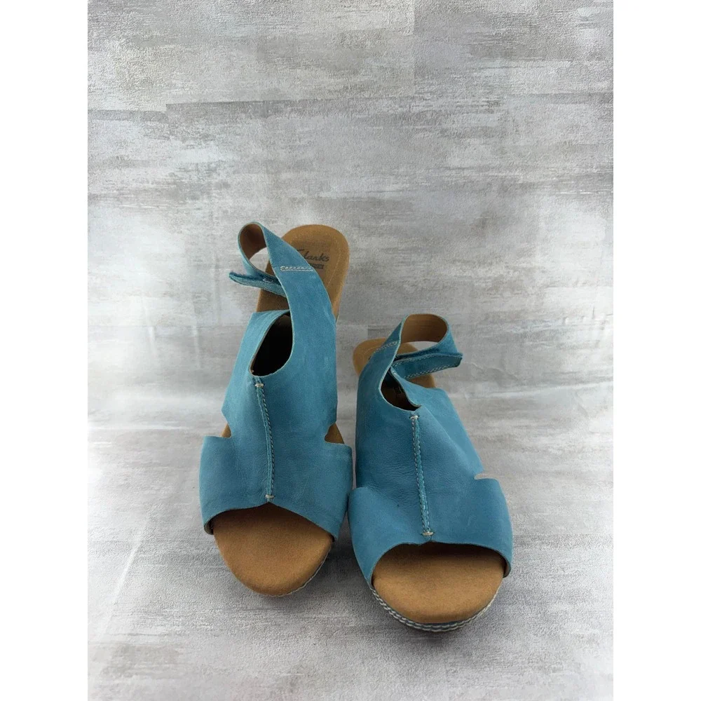 Clarks Teal Blue Nubuck Leather Cork Wedge Sandals Peep Toe Women Sz 11 M